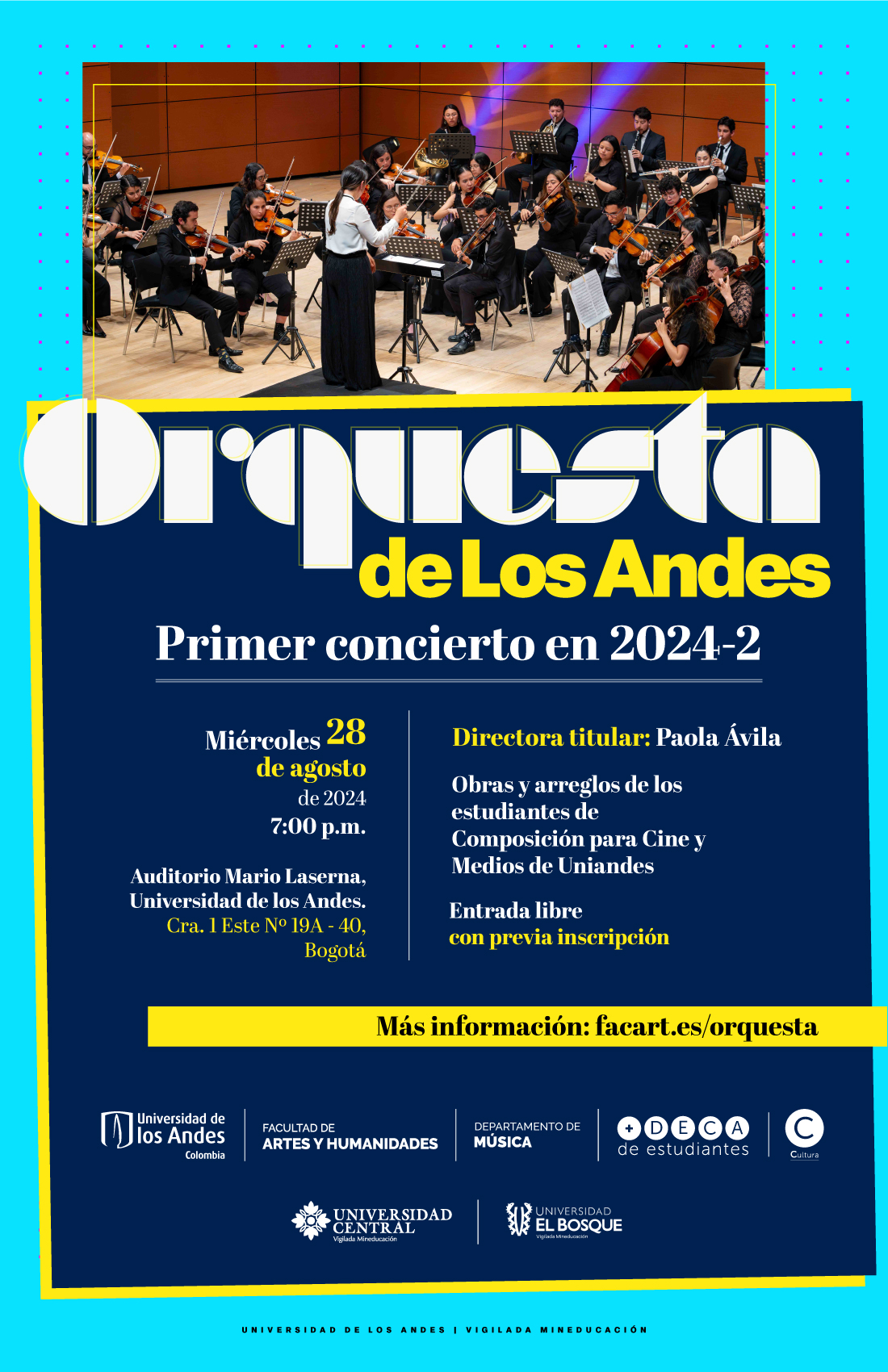 La Orquesta de Los Andes se presentar el miércoles 28 de agosto a las 7:00 p.m. en el Auditorio Mario Laserna, Universidad de los Andes