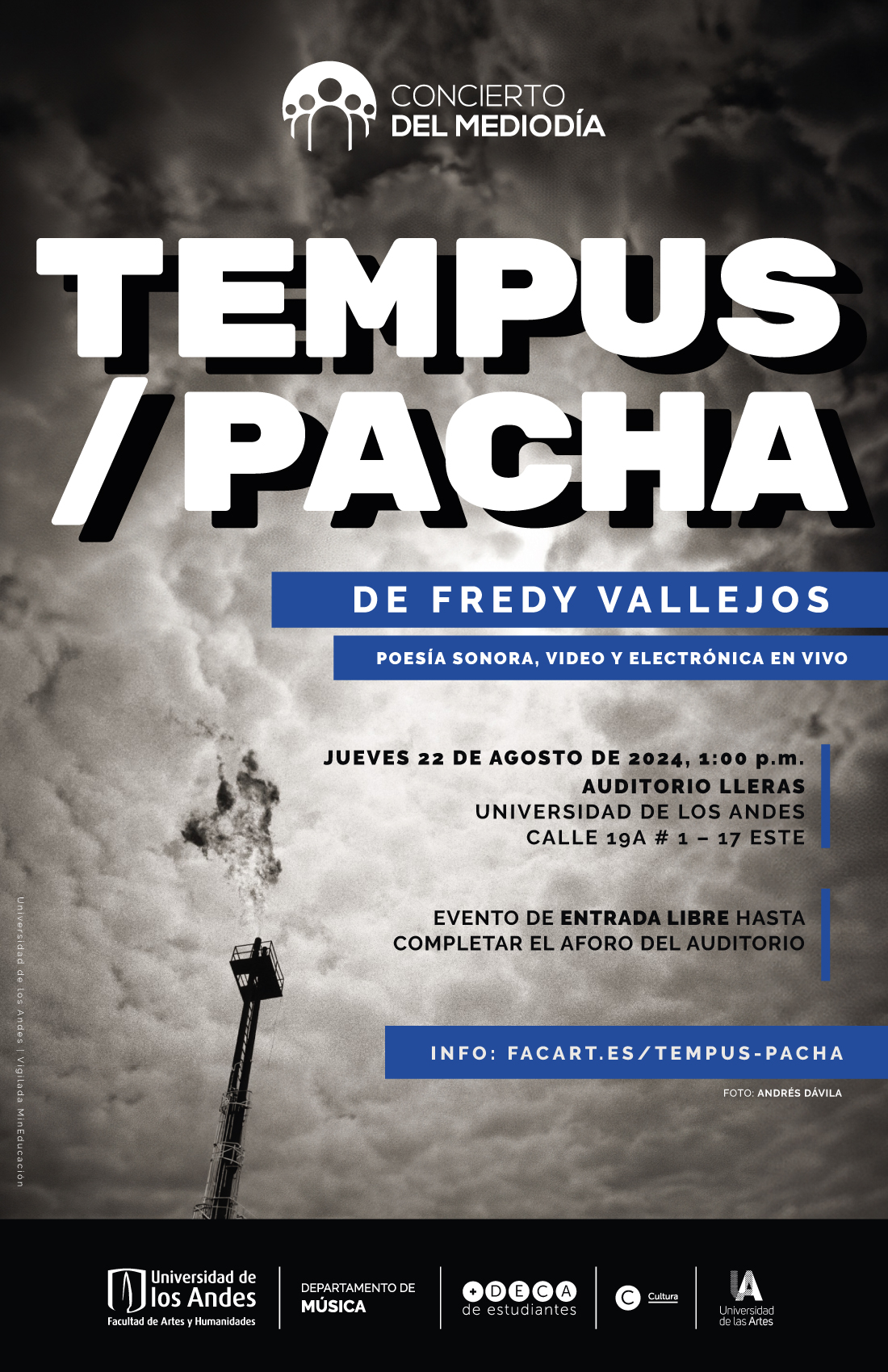 Concierto del mediodía: TEMPUS / PACHA de Fredy Vallejos el jueves 22 de agosto de 2024 a la 1:00 p.m. en el Auditorio Lleras, Universidad de los Andes