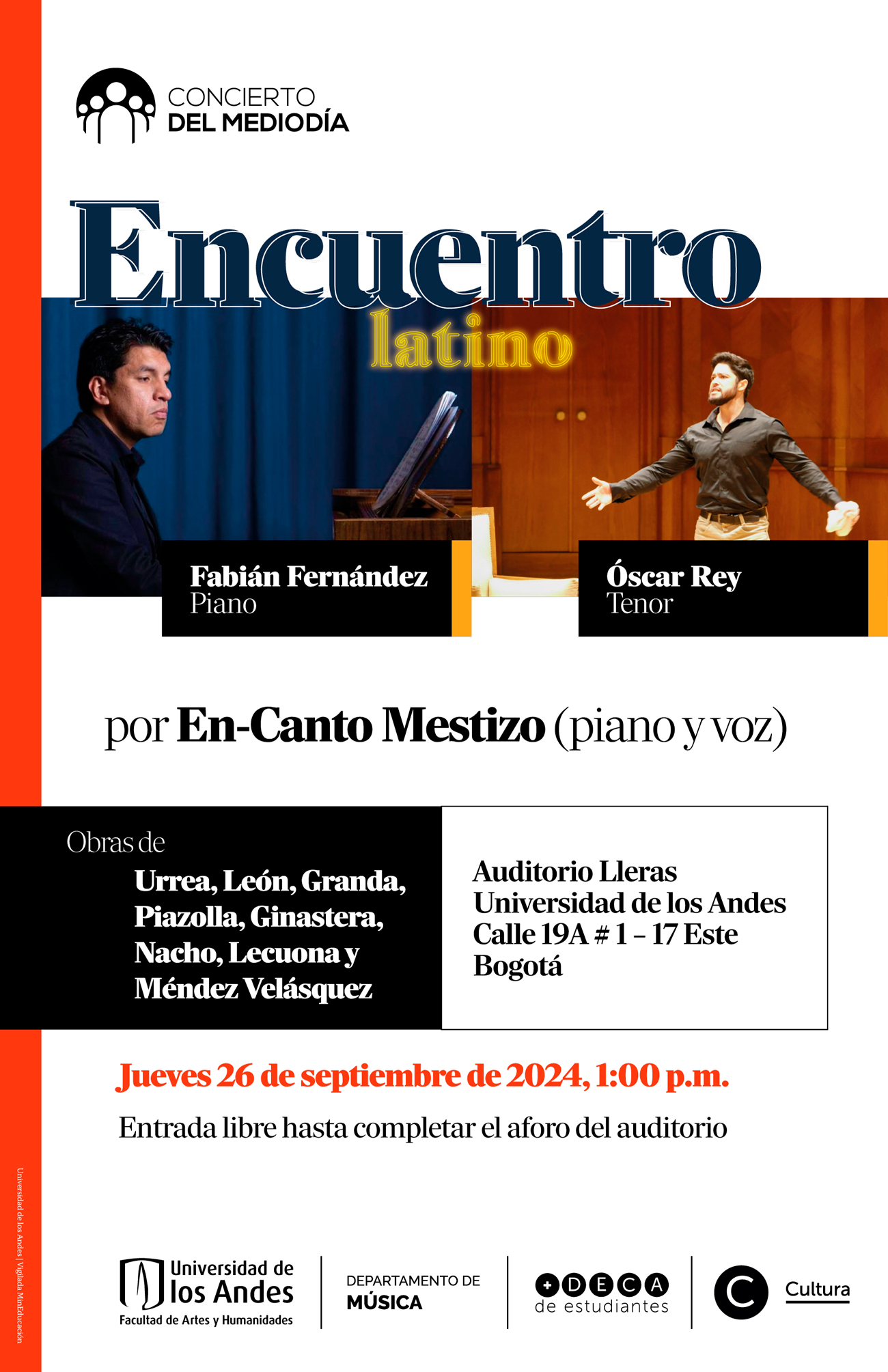 Concierto del mediodía: Encuentro latino por En-Canto Mestizo (piano y voz), jueves 26 de septiembre a la 1:00 p.m. en el Auditorio Lleras