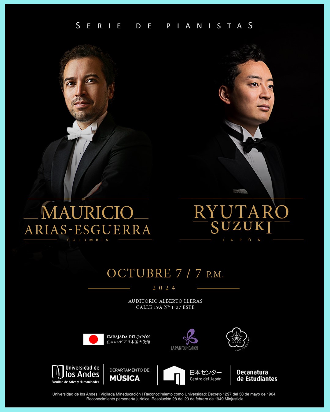 Ryutaro Suzuki y Mauricio Arias-Esguerra: lunes 7 de octubre de 2024 a las 7:00 p.m. en el Auditorio Lleras, Universidad de los Andes