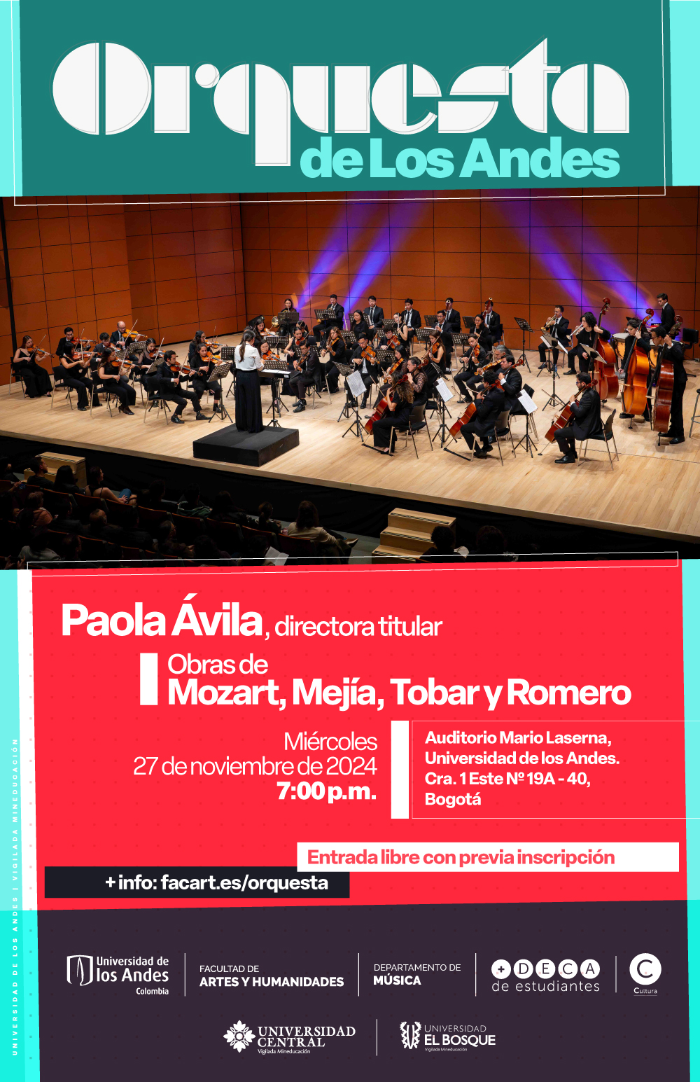 Cuarto concierto de la Orquesta de Los Andes en 2024-2, próximo miércoles 27 de noviembre de 2024 a las 7:00 p.m. en el Auditorio Mario Laserna