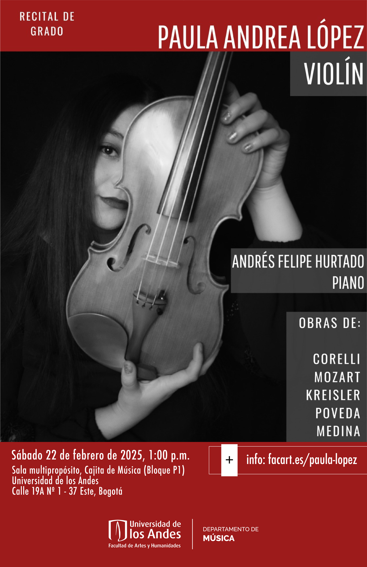 Recitales en 2025-1: Paula Andrea López(violín), próximo sábado 22 de febrero de 2025 a la 1:00 p.m. en la Cajita de Música (Bloque P1)