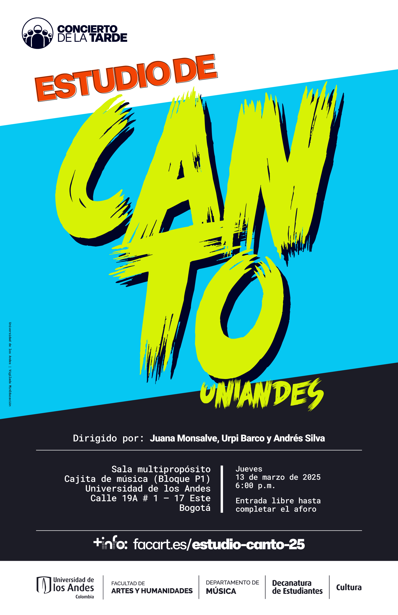 Concierto de la Tarde: Estudio de Canto Uniandes, próximo jueves 13 de marzo de 2025 a las 6:00 p.m. en la Cajita de música (Bloque P1)