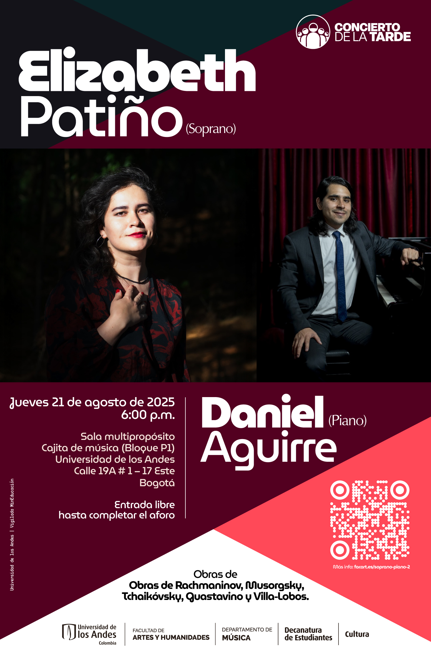 Concierto de la Tarde: Elizabeth Patiño (soprano) y Daniel Aguirre (piano), jueves 21 de agosto de 2025 a las 6:00 p.m.