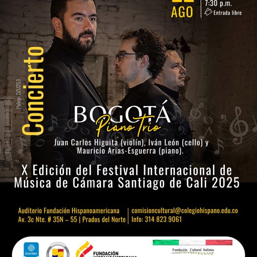 El Bogotá Piano Trío participa en el X Festival Internacional de Música de Cámara de Cali, próximo viernes 22 de agosto de 2025