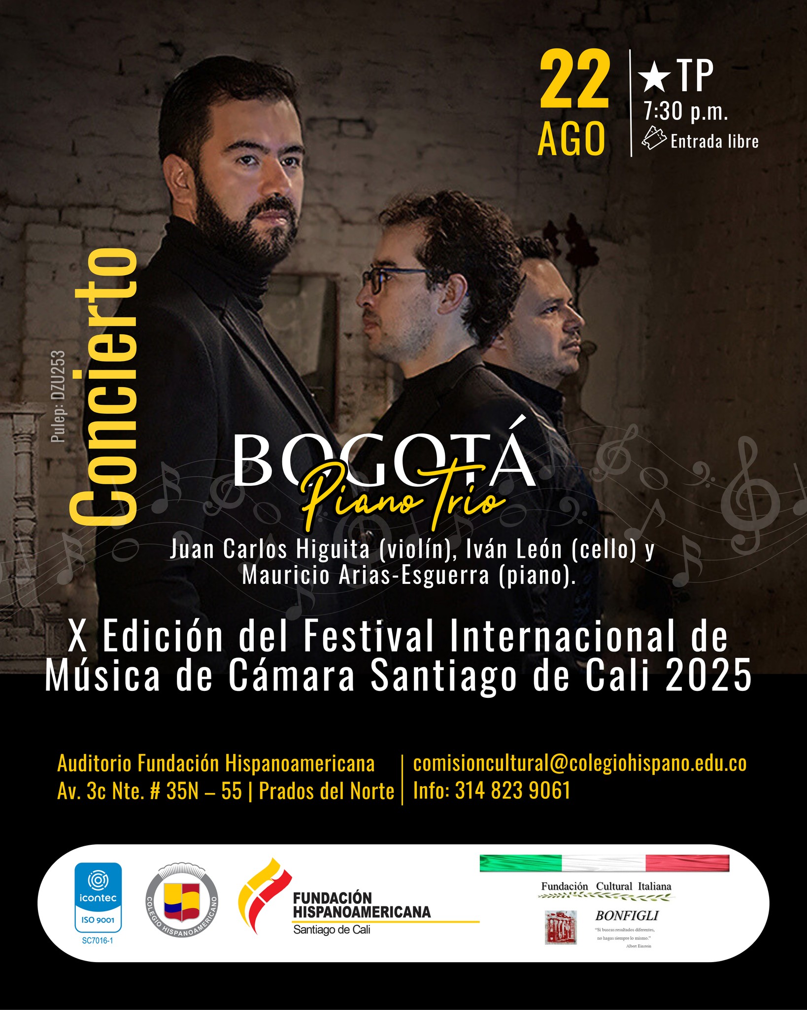 El Bogotá Piano Trío participa en el X Festival Internacional de Música de Cámara de Cali, próximo viernes 22 de agosto de 2025