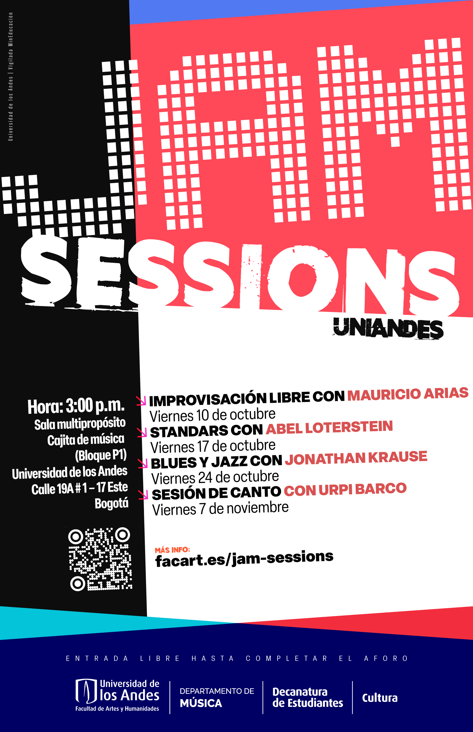 Cuatro oportunidades para explorar la interpretación y la improvisación desde diferentes perspectivas. Los estudiantes podrán tocar en cada sesión para profundizar en la práctica del jazz, la Improvisación libre, el canto y el acompañamiento de cantantes y solistas con repertorios diversos y espontáneos. 