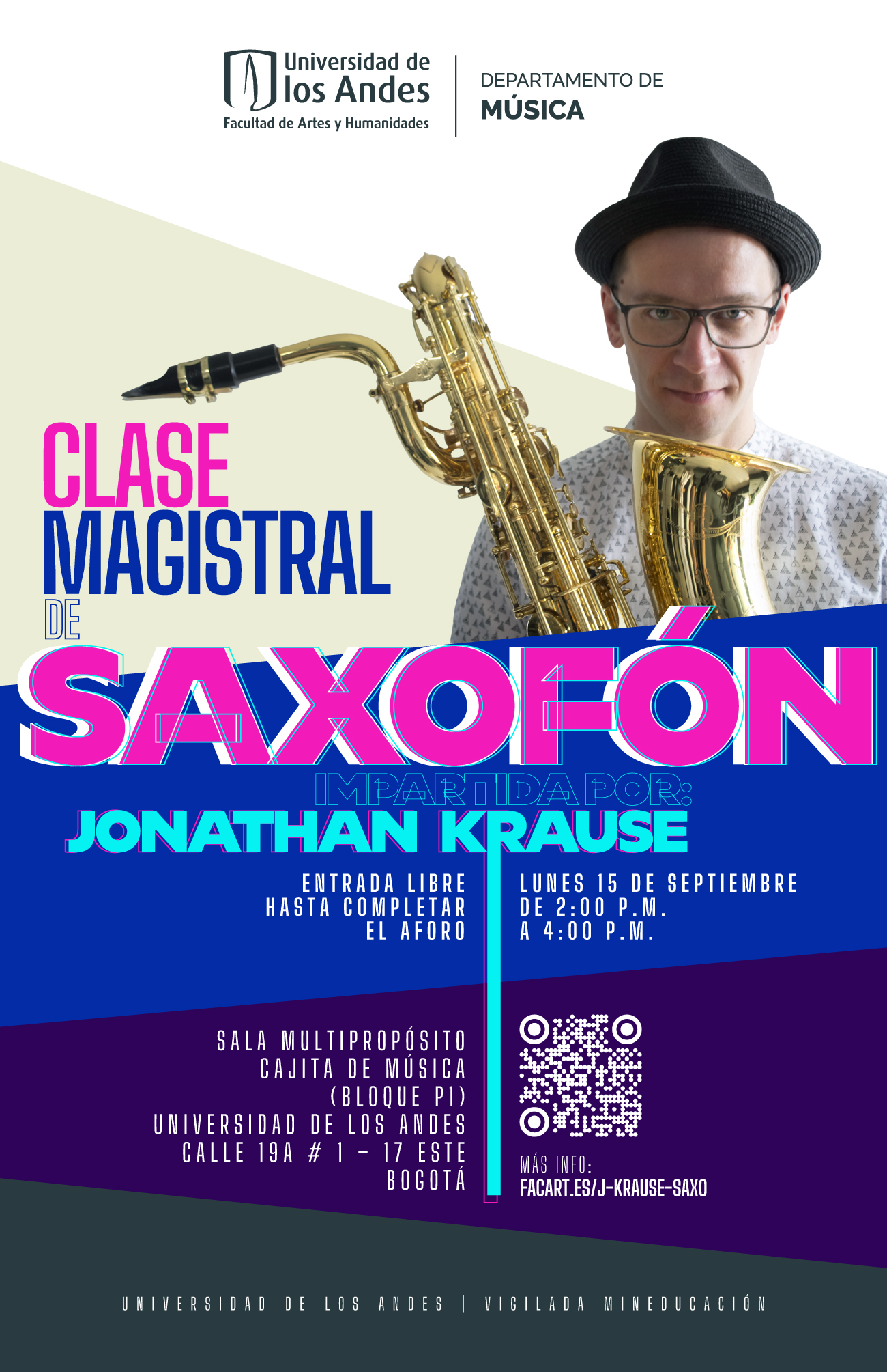 Clase magistral de Saxofón con el profesor, Jonathan Krause, próximo miércoles 9 de abril de 2025 a las 2:00 p.m.