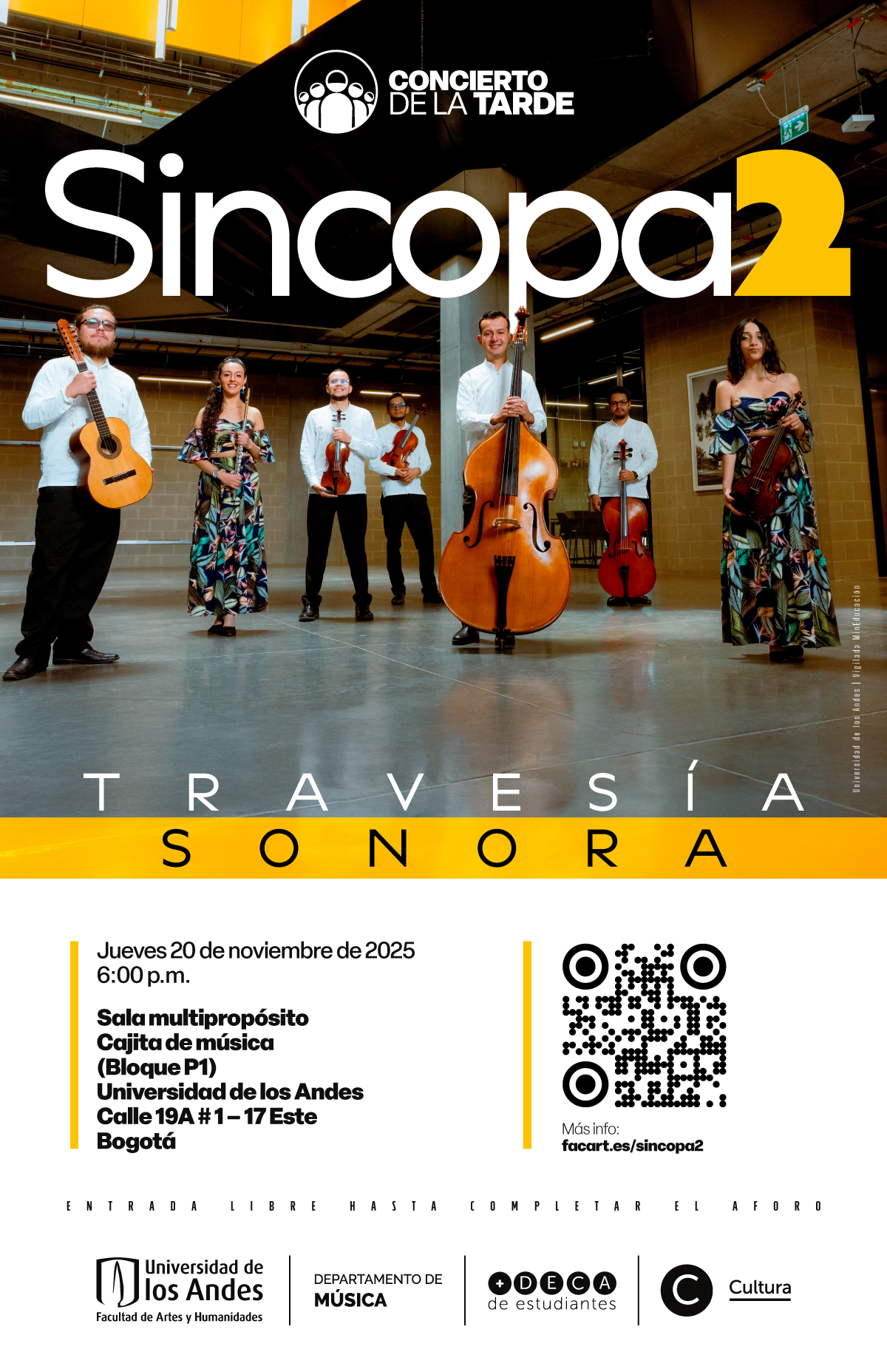Concierto de la Tarde: Travesía sonora de Sincopa2, jueves 20 de noviembre de 2025 a las 6:00 p.m. en la Universidad de los Andes