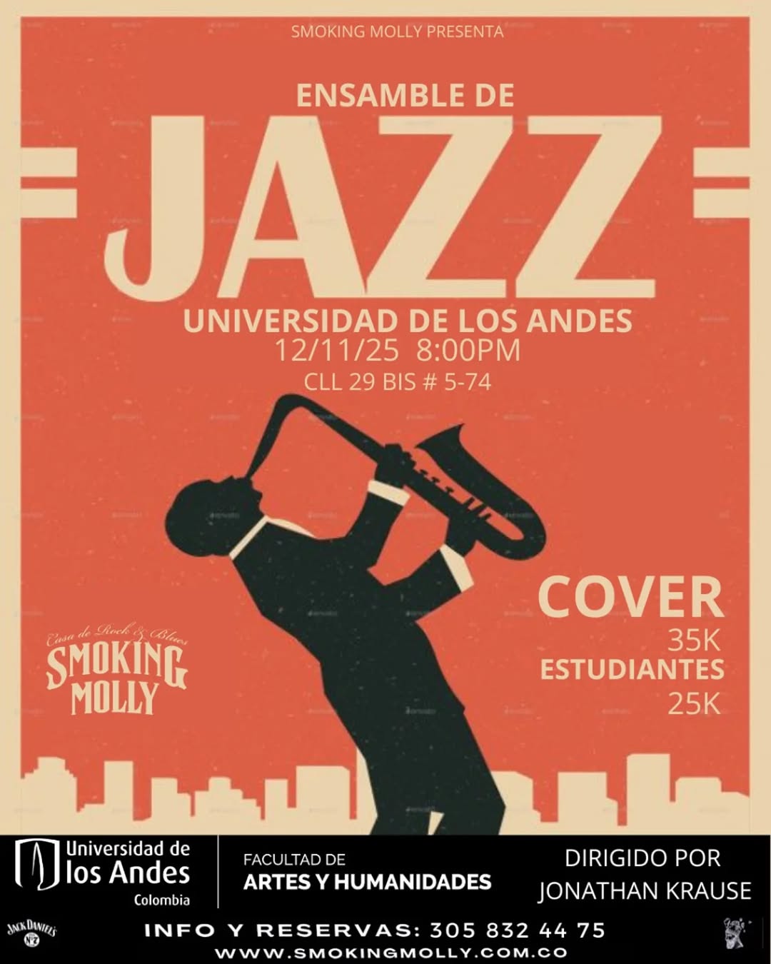 El Ensamble de Jazz Uniandes, dirigido por Jonathan Krause se presenta en Smoking Molly el miércoles 12 de noviembre de 2025